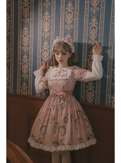 Bears Story Series OP Elegant Printing Doll Feeling Classic Lolita Pink Long Sleeve Dress