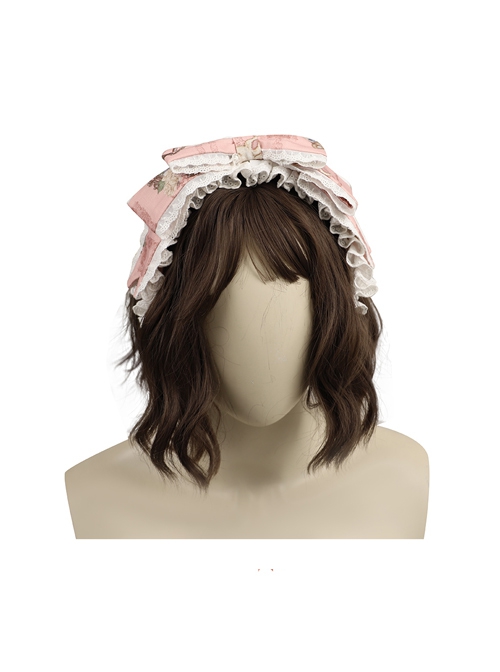 Bears Story Series KC Doll Feeling White Lace Pink Elegant Printing Bowknots Classic Lolita Headband