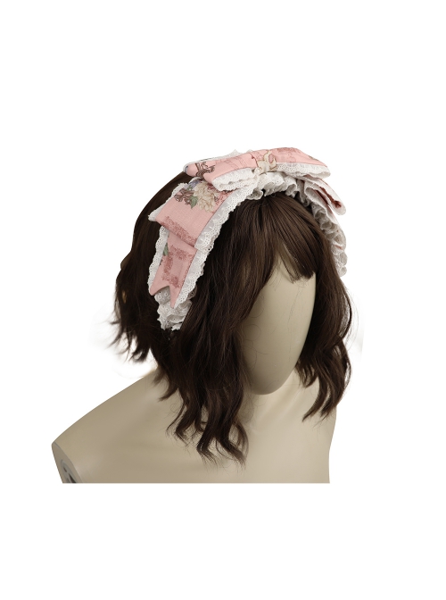 Bears Story Series KC Doll Feeling White Lace Pink Elegant Printing Bowknots Classic Lolita Headband