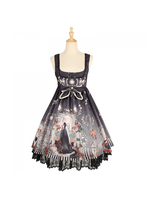 Black Fairy Tale Series JSK Darkness Printing Retro Gothic Lolita Sling Dress