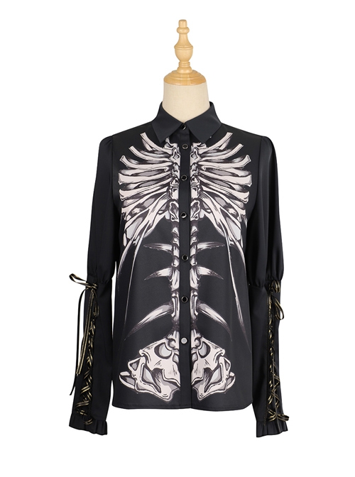 Black Fairy Tale Series Darkness Skeleton Printing Retro Gothic Lolita Long Sleeve Shirt