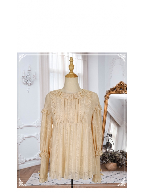 Court Style Elegant Ruffle Collar Elastic Skin-friendly Classic Lolita Pure Color Long Sleeve Shirt