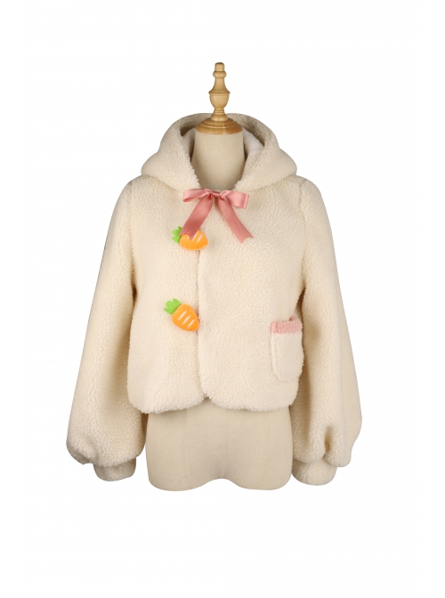 Bunny Series Autumn Winter Cream-colored Rabbit Ears Lambswool Short Coat