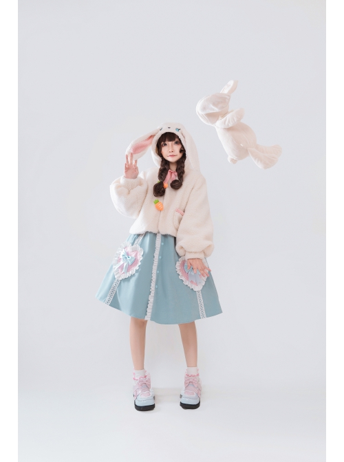 Bunny Series Autumn Winter Cream-colored Rabbit Ears Lambswool Short Coat