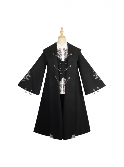 Black Fairy Tale Series Winter Gothic Black Lolita Long Cloak Coat With Black Vest