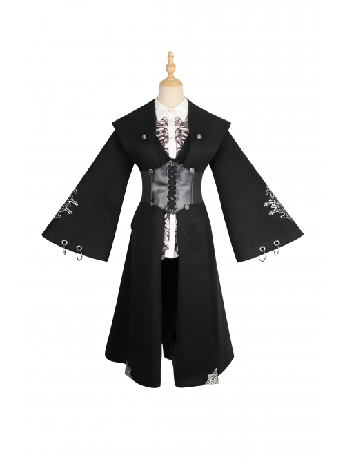 Black Fairy Tale Series Winter Gothic Black Lolita Long Cloak Coat With Black Vest