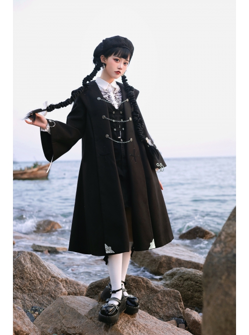 Black Fairy Tale Series Winter Gothic Black Lolita Long Cloak Coat With Black Vest