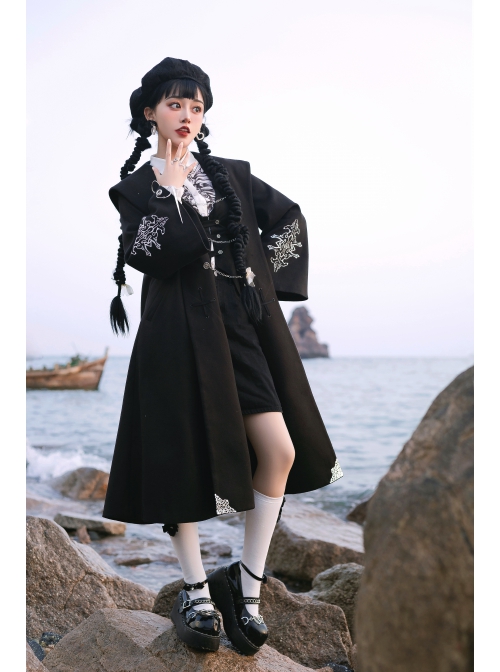 Black Fairy Tale Series Winter Gothic Black Lolita Long Cloak Coat With Black Vest