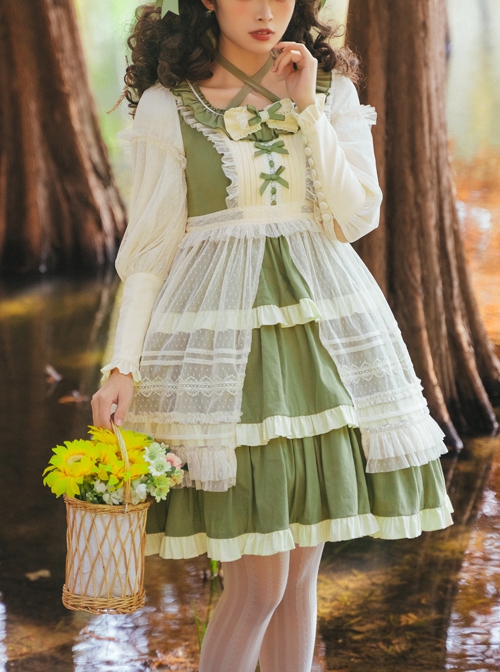 Immerse Springtime Series OP Pastoral Style Elegant Three-Section Hem Classic Lolita Long Sleeve Dress With Tulle Skirt