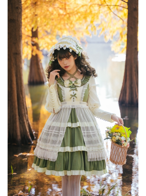 Immerse Springtime Series OP Pastoral Style Elegant Three-Section Hem Classic Lolita Long Sleeve Dress With Tulle Skirt