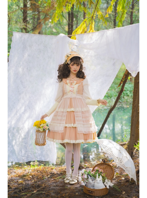 Immerse Springtime Series OP Pastoral Style Elegant Three-Section Hem Classic Lolita Long Sleeve Dress With Tulle Skirt