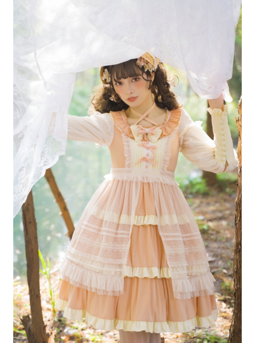 Immerse Springtime Series OP Pastoral Style Elegant Three-Section Hem Classic Lolita Long Sleeve Dress With Tulle Skirt