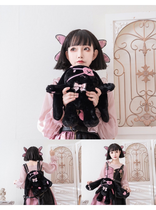 Demon Rabbit Series Black-Pink Rabbit Cute Long Plush Gothic Lolita Inclined Shoulder Bag