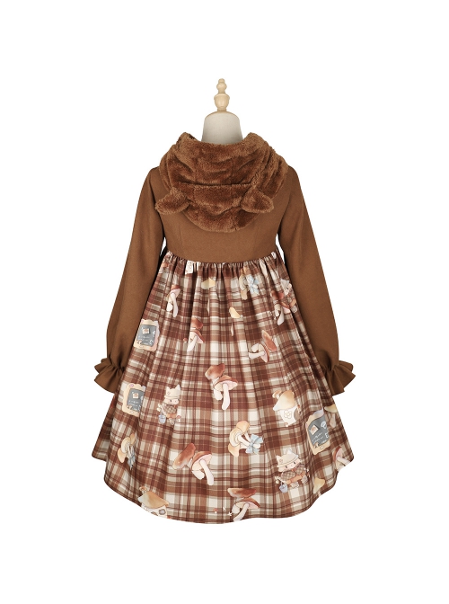 Mushroom Raccoon Series OP Cute Printing Plush Pockets Brown Hooded Sweet Lolita Long Sleeve Dress