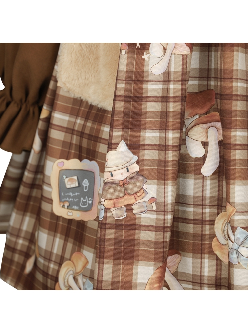 Mushroom Raccoon Series OP Cute Printing Plush Pockets Brown Hooded Sweet Lolita Long Sleeve Dress