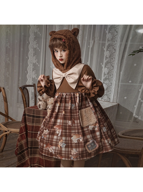 Mushroom Raccoon Series OP Cute Printing Plush Pockets Brown Hooded Sweet Lolita Long Sleeve Dress