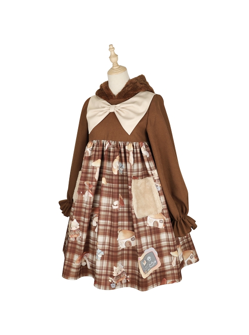 Mushroom Raccoon Series OP Cute Printing Plush Pockets Brown Hooded Sweet Lolita Long Sleeve Dress