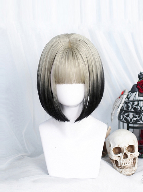 Gray Gradient Black Natural Fluffy Inner Buckle Short Wig Gothic Lolita Wigs