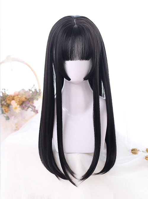 Natural Black Princess Bangs Inner Buckle Long Straight Wig Classic Lolita Wigs