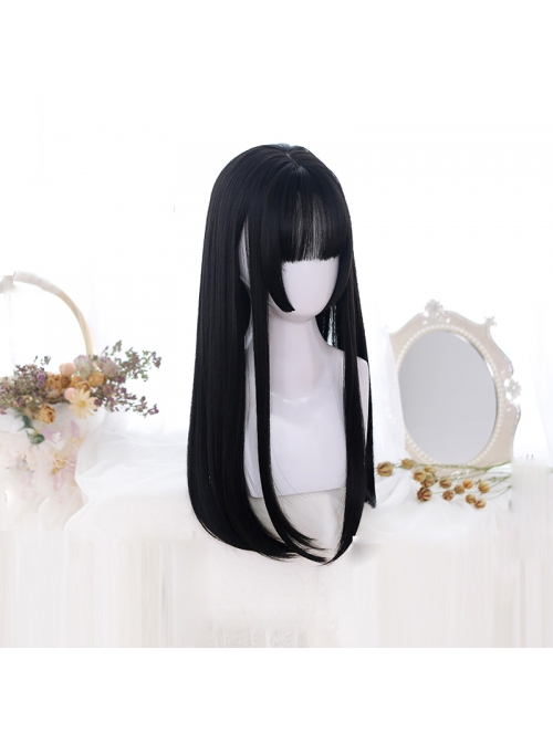 Natural Black Princess Bangs Inner Buckle Long Straight Wig Classic Lolita Wigs