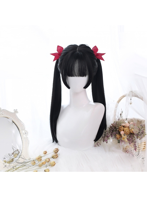 Natural Black Princess Bangs Inner Buckle Long Straight Wig Classic Lolita Wigs