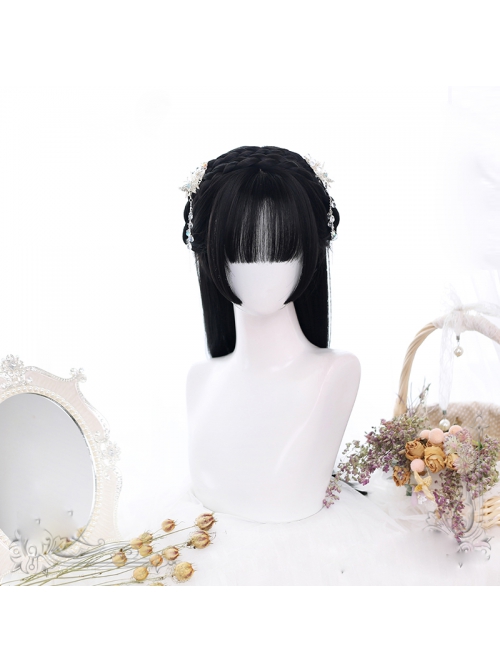 Natural Black Princess Bangs Inner Buckle Long Straight Wig Classic Lolita Wigs