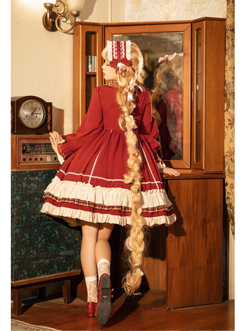 Sweet Dream Paradise Series OP Plaid Ruffle Multi-layer Stitching Hem Sweet Lolita Autumn Winter Long Sleeve Dress