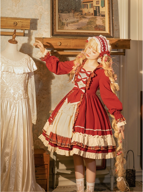 Sweet Dream Paradise Series OP Plaid Ruffle Multi-layer Stitching Hem Sweet Lolita Autumn Winter Long Sleeve Dress