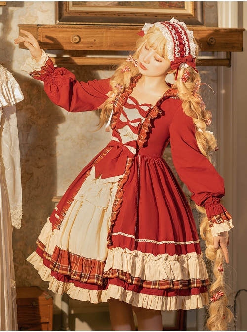 Sweet Dream Paradise Series OP Plaid Ruffle Multi-layer Stitching Hem Sweet Lolita Autumn Winter Long Sleeve Dress