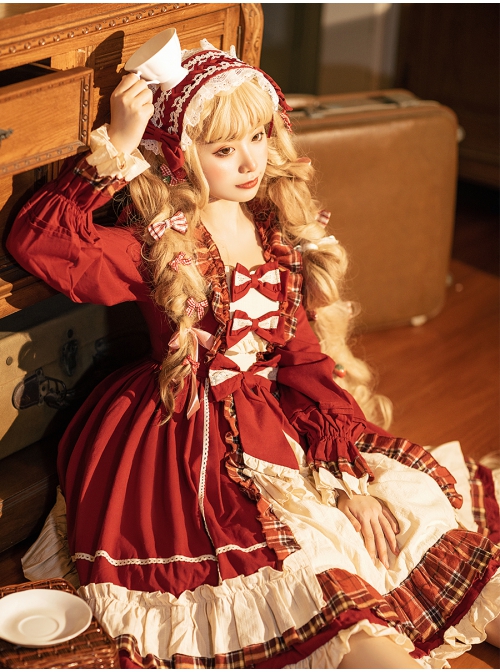 Sweet Dream Paradise Series OP Plaid Ruffle Multi-layer Stitching Hem Sweet Lolita Autumn Winter Long Sleeve Dress