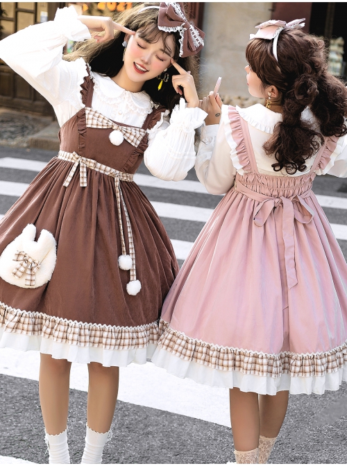 Snowball Meow Series JSK Plush Balls Bowknot Autumn Winter Sweet Lolita Ruffle Sling Dress