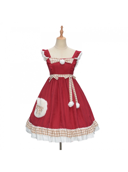 Snowball Meow Series JSK Plush Balls Bowknot Autumn Winter Sweet Lolita Ruffle Sling Dress