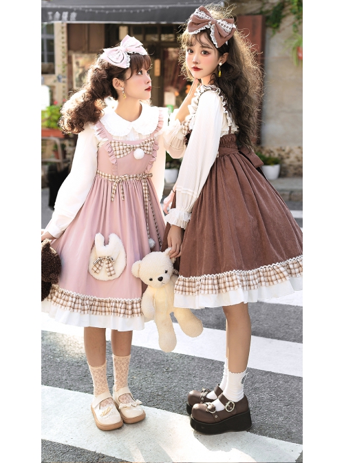 Snowball Meow Series JSK Plush Balls Bowknot Autumn Winter Sweet Lolita Ruffle Sling Dress