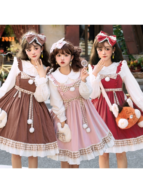 Snowball Meow Series JSK Plush Balls Bowknot Autumn Winter Sweet Lolita Ruffle Sling Dress