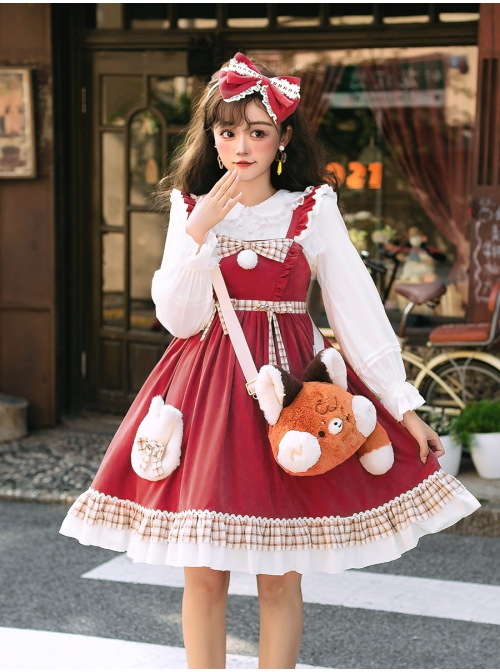 Snowball Meow Series JSK Plush Balls Bowknot Autumn Winter Sweet Lolita Ruffle Sling Dress