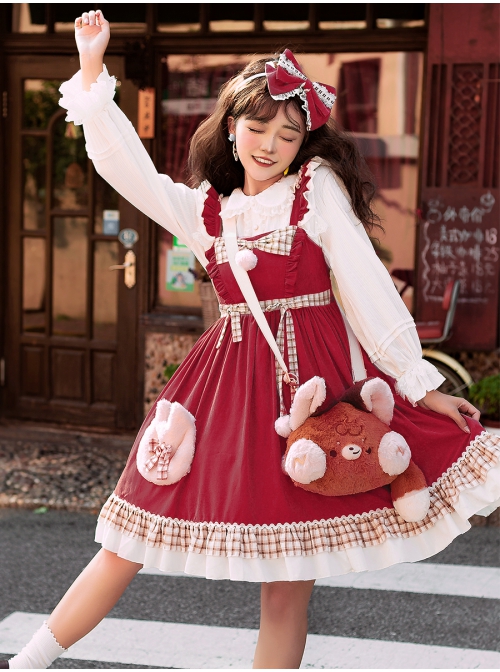 Snowball Meow Series JSK Plush Balls Bowknot Autumn Winter Sweet Lolita Ruffle Sling Dress