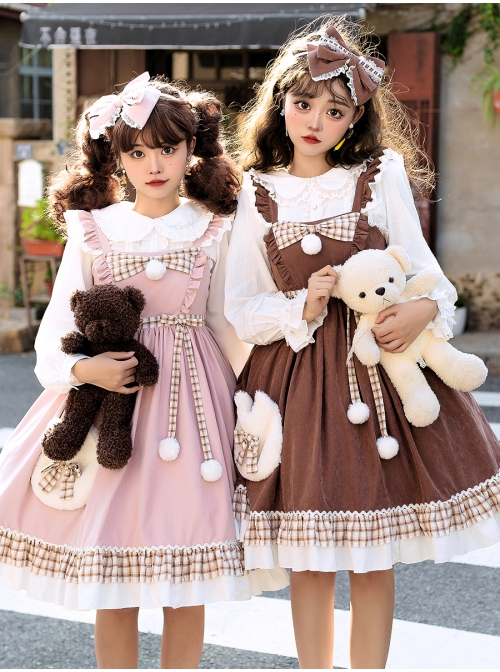 Snowball Meow Series JSK Plush Balls Bowknot Autumn Winter Sweet Lolita Ruffle Sling Dress