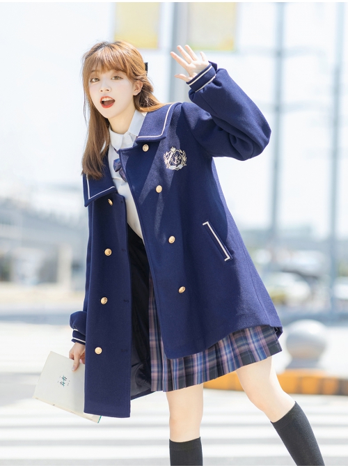 Nautical Line Series College Style JK School Lolita Navy Blue Puff Sleeve Leisure Woolen Coat