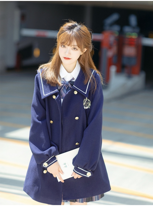 Nautical Line Series College Style JK School Lolita Navy Blue Puff Sleeve Leisure Woolen Coat