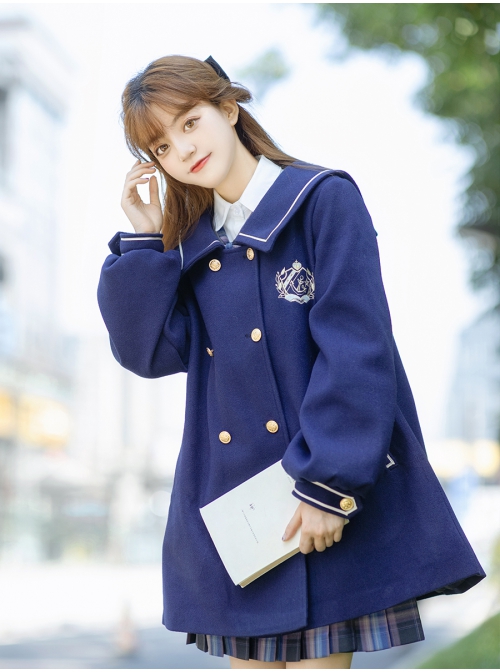 Nautical Line Series College Style JK School Lolita Navy Blue Puff Sleeve Leisure Woolen Coat