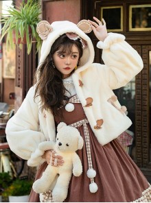 Winter Day Warm Bear Series Winter Thicken Fluffy Cute Sweet Lolita Bear Ears Hooded Apricot Short Coat