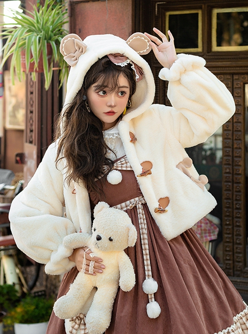 Winter Day Warm Bear Series Winter Thicken Fluffy Cute Sweet Lolita Bear Ears Hooded Apricot Short Coat