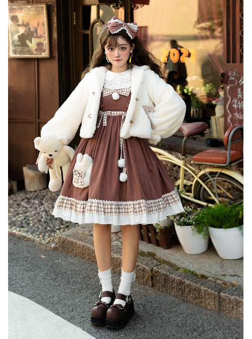 Winter Day Warm Bear Series Winter Thicken Fluffy Cute Sweet Lolita Bear Ears Hooded Apricot Short Coat