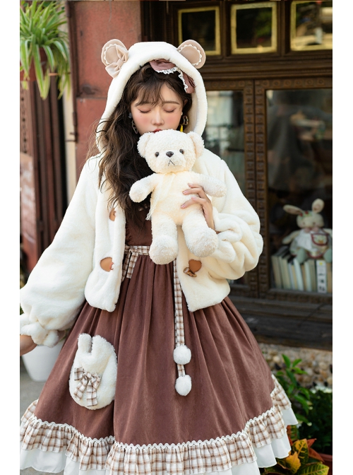 Winter Day Warm Bear Series Winter Thicken Fluffy Cute Sweet Lolita Bear Ears Hooded Apricot Short Coat