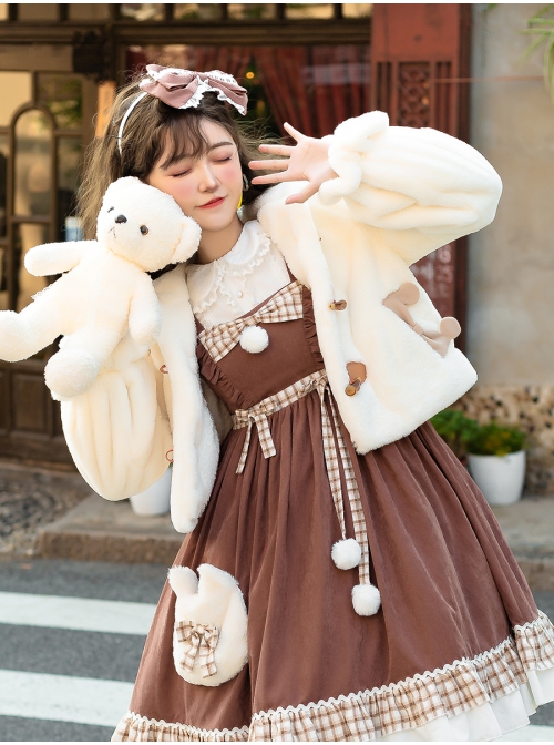 Winter Day Warm Bear Series Winter Thicken Fluffy Cute Sweet Lolita Bear Ears Hooded Apricot Short Coat