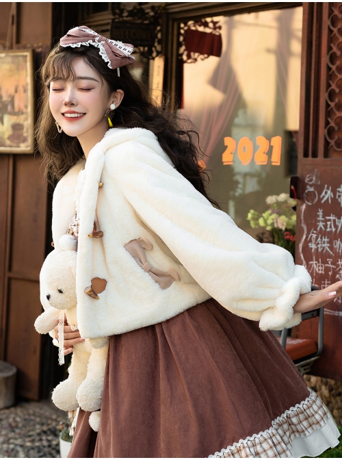 Winter Day Warm Bear Series Winter Thicken Fluffy Cute Sweet Lolita Bear Ears Hooded Apricot Short Coat