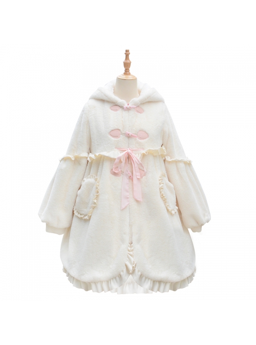 Long-eared Rabbit Series Winter Fluffy Warm Sweet Lolita Cute Rabbit Ears Hooded Milky White Medium Length Coat