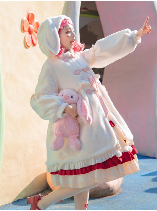 Long-eared Rabbit Series Winter Fluffy Warm Sweet Lolita Cute Rabbit Ears Hooded Milky White Medium Length Coat