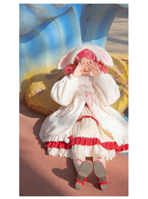 Long-eared Rabbit Series Winter Fluffy Warm Sweet Lolita Cute Rabbit Ears Hooded Milky White Medium Length Coat