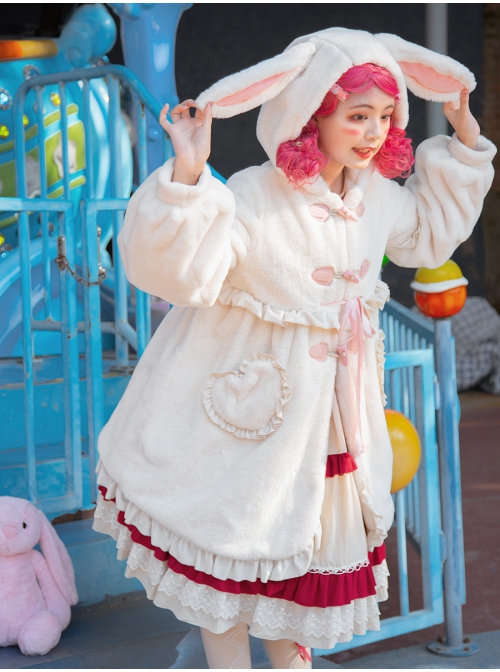 Long-eared Rabbit Series Winter Fluffy Warm Sweet Lolita Cute Rabbit Ears Hooded Milky White Medium Length Coat
